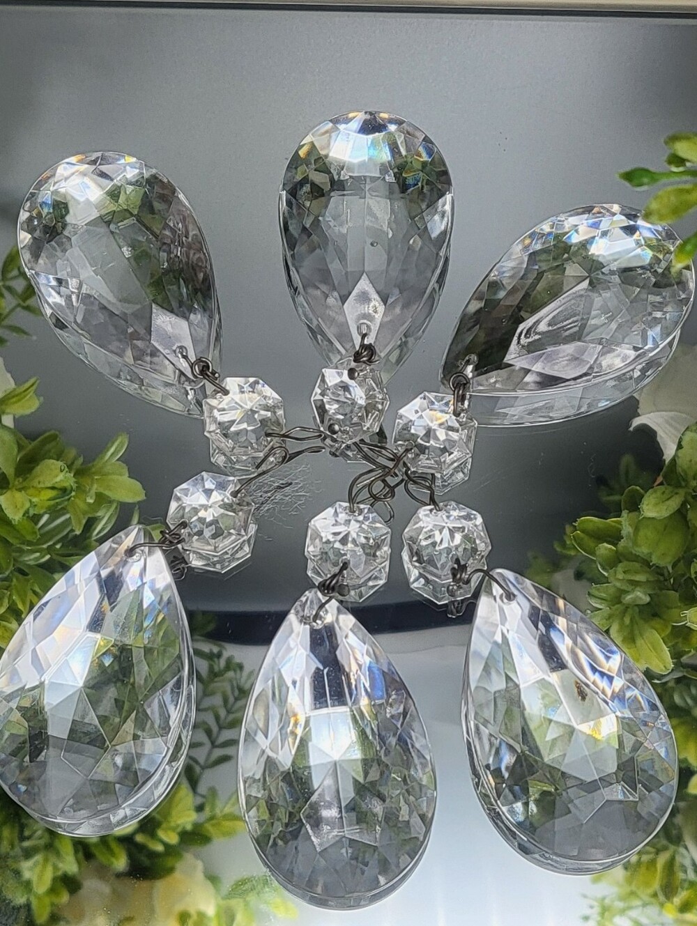 6 Glass Almond Teardrop Prisms - Multi-Faceted Vintage 1950's Hollywood Regency